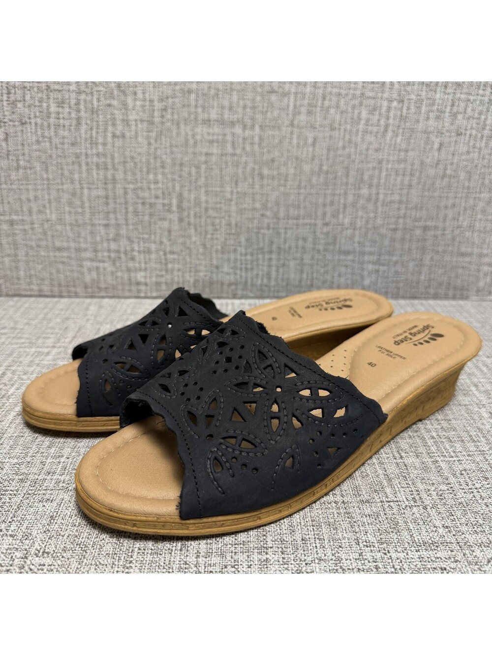 Spring Step Sandals Womens Sz 9 US/Sz 40 EU Black Leather Slip-On Wedge Italy